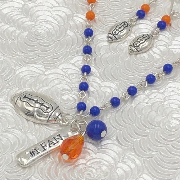 🌼 Orange Blue Football Beaded Charm Necklace Earrings Set Florida Auburn - Picture 1 of 4